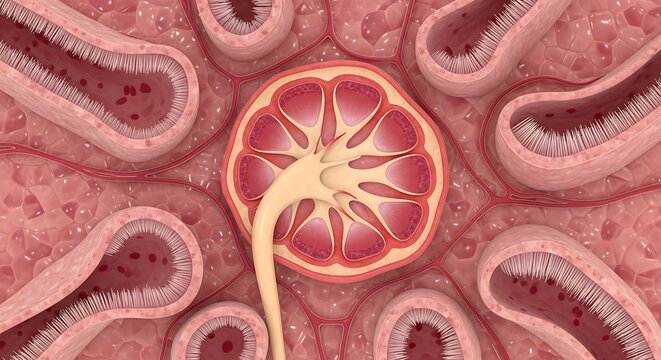 Microscopic view of kidney nephron glomerulus and surrounding tubules illustrating renal filtration and urine production in the human body