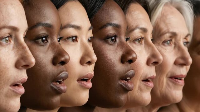 Profile view of a diverse group of women of different ages and ethnicities. Multiethnic female faces in a row. Diversity, inclusion, and female empowerment concept