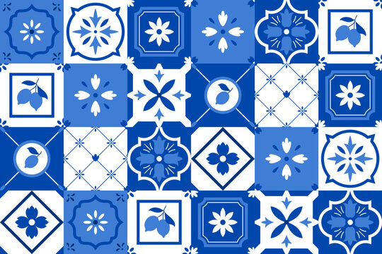 A seamless geometric pattern in a Mediterranean style with blue and white Amalfi ceramic tiles.