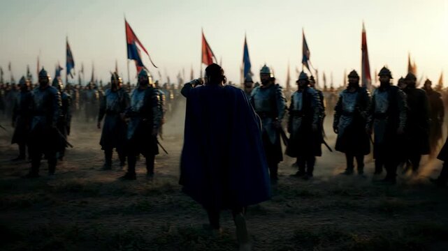 Othniel the first Judge of Israel leading his army. Biblical commander in armor pointing toward the battlefield. Leadership and military concept