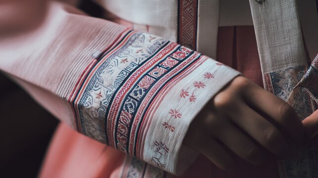 Detailed Dancheong Patterns Embroidered on Cuff of Traditional Hanbok Sleeve, Symbolic Cultural Heritage, Soft Fabric Texture