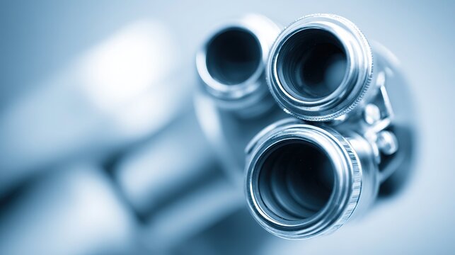 Extreme Closeup of Metallic Medical Endoscope Tip, Intricate Lenses and Instrument Channels Illuminated by Cool Clinical Light, Macro Detail
