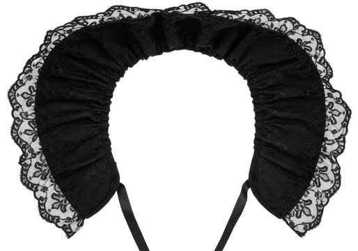 Elegant black lace collar with delicate ruffles and intricate floral details isolated white background