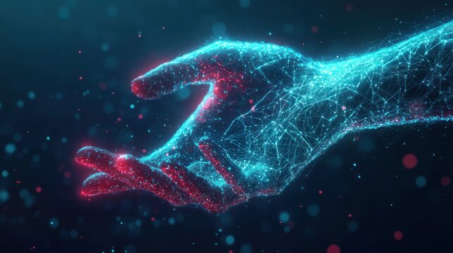 Human hand interacting with holographic neural interface for high-tech controlling and futuristic UI concepts
