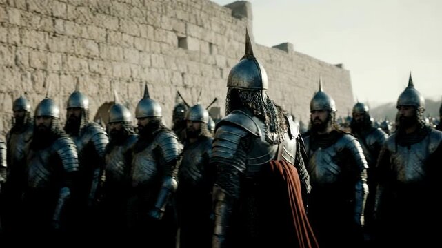 Ancient biblical army in silver armor standing before city walls. Military commander leading Israelite soldiers. Epic historical warfare scene