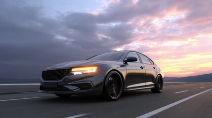 Fototapeta premium car premium sedan speeding along scenic mountain highway at sunset, capturing motion, freedom, and high performance driving in dramatic landscape.
