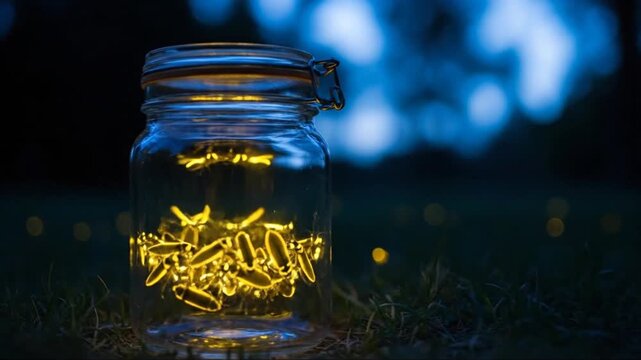 Fireflies in a Jar at Night, Magical Glowing Insects in Nature