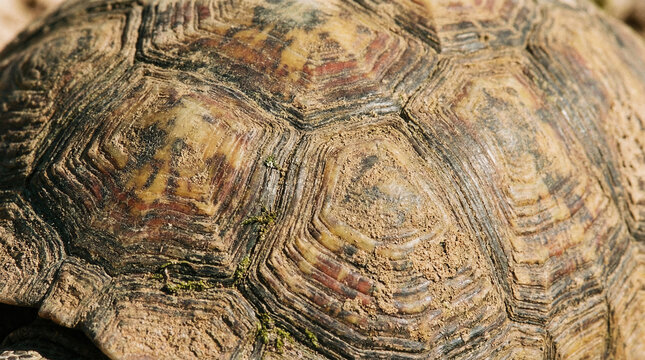 Closeup of a tortoise shell texture with intricate patterns and earthy tones, showing the detailed scutes and natural weathering of the reptiles carapace