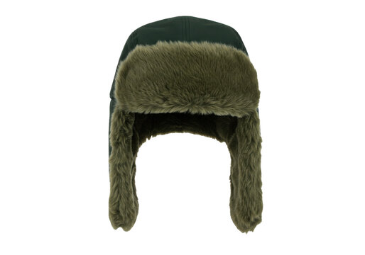 Olive green fur trapper hat with dark green fabric crown, front view isolated white background