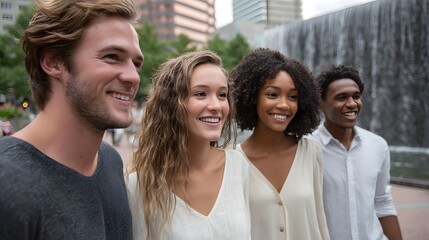 Obraz premium A group of young friends laughing and posing outdoors against the backdrop of a cascading urban waterfall