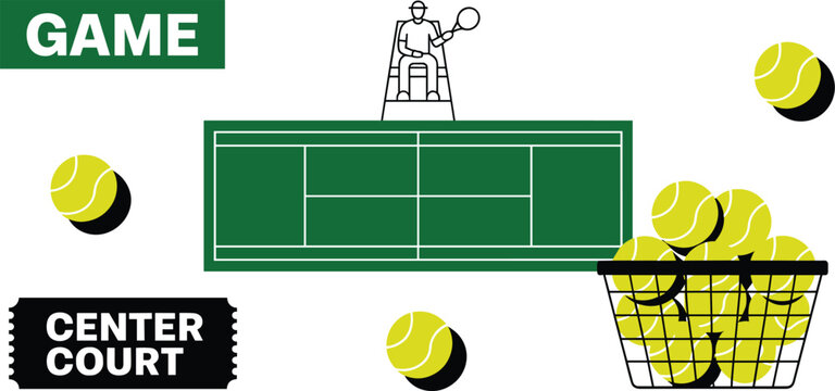 Professional tennis sports icon set with green court top view umpire chair basket of yellow balls ticket and game sign vector illustration.