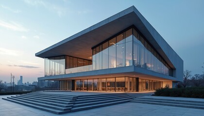 Obraz premium Modern geometric building with glass walls and concrete structure sits on wide stone stairs. City skyline visible in distance at dusk. Building facade reflects early evening sky.