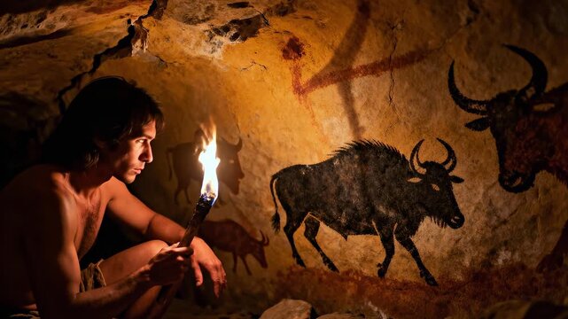 Prehistoric caveman holding a burning torch looking at ancient rock art. Neanderthal discovering paleolithic animal paintings in a dark cave
