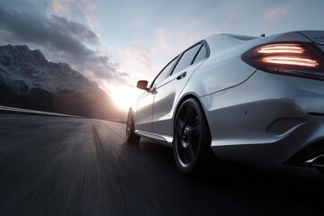 Obraz premium car premium sedan speeding along scenic mountain highway at sunset, capturing motion, freedom, and high performance driving in dramatic landscape.
