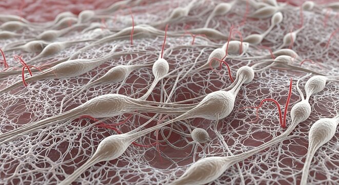 Microscopic view of nerve cells with intricate neural network and supporting glial cells in a biological tissue