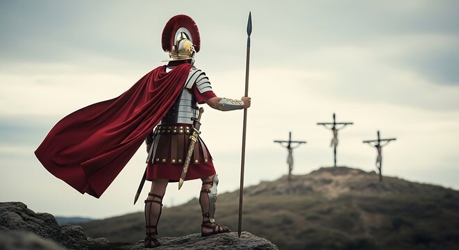 Roman soldier standing on a hill looking at three crosses on a dramatic cloudy sky background