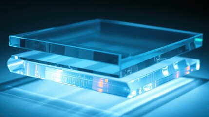 Fototapeta premium Stacked transparent blocks illuminate, creating futuristic visual effect. Blue tones dominate composition, suggesting technology.