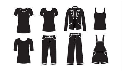 Naklejka premium Women clothing icon set with dresses tops pants and jacket minimal silhouette collection