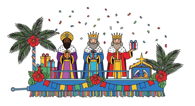 Three kings on festive float during holiday parade vector illustration isolated on white background