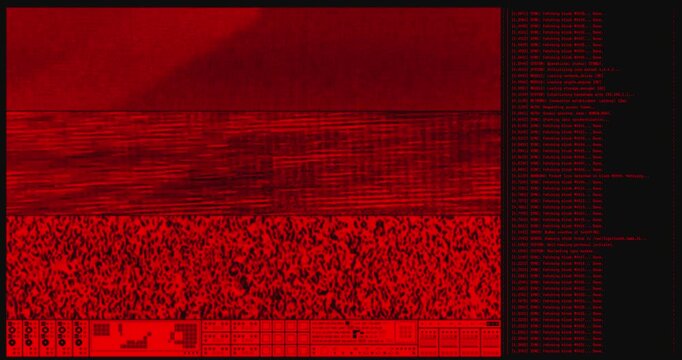 Abstract red cyberpunk hacker terminal interface with scrolling code and digital glitch noise loop