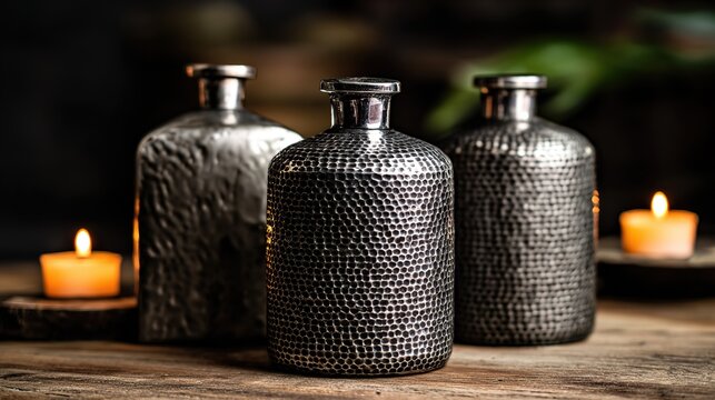 Three Antique Pewter Flagons Casually Arranged on Rustic Wooden Table, Hammered Textures, Warm Candlelight Highlighting Aged Metallic Sheen, Shallow Depth of Field