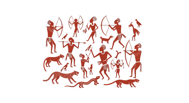 Ancient cave painting art style featuring tribal hunters and animals isolated on white background
