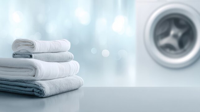 Laundry Service Banner With Clean Towels and Washing Machine Drum in Background Suitable for Business Advertising and Marketing