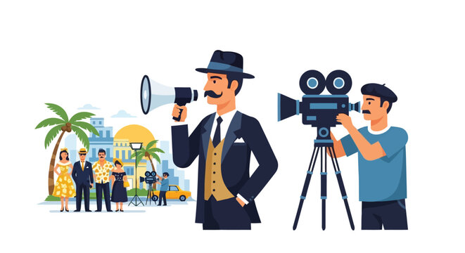 Film director and cameraman shooting a scene on a vintage movie set isolated on white background