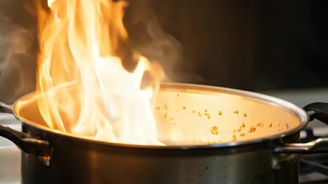 Flames erupt from a stainless steel pot on a gas stove, showcasing the intense heat and cooking process with visible steam and bubbling liquid inside the pot
