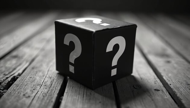 Black cube with white question marks sits on weathered wooden planks. Unknown object, mystery, surprise, curious. Concept of enigma and riddle.