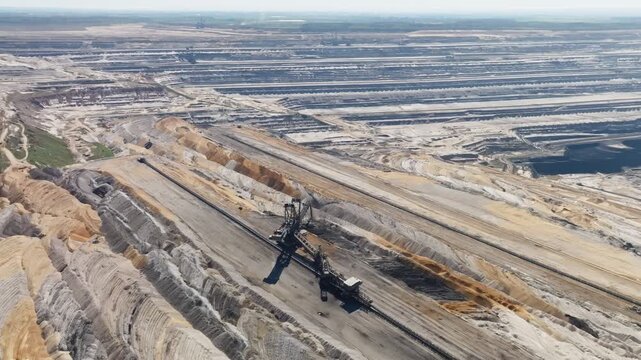Huge spreader machine digging in a vast open-cast lignite coal mine