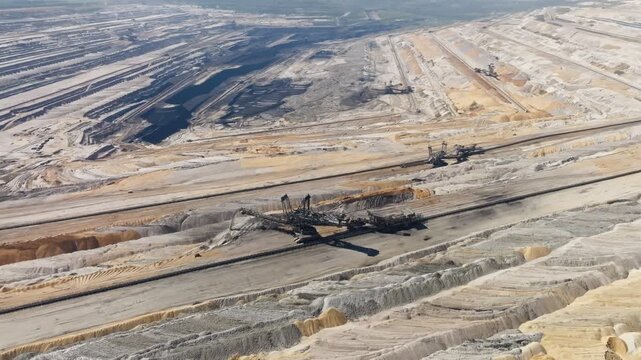 Gigantic heavy machine spreader moving on rails inside lignite surface mine in Germany, aerial orbit