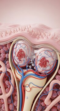 Microscopic view of kidney glomerulus filtration with blood vessels and tubules in human anatomy, medical science illustration