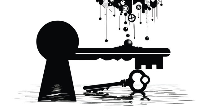 Keyhole silhouette frames a conceptual scene with floating mechanical gear elements.