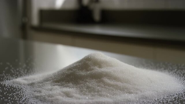 Close-up of a pile of white granulated sugar on a metal table. A common ingredient for baking and cooking. Sweet food and nutrition concept