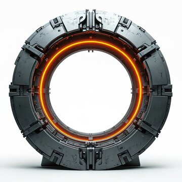 Sci fi portal object with glowing orange light ring. Futuristic mechanical gateway structure with metallic grey parts. Abstract round device on white background. Energy transport communication