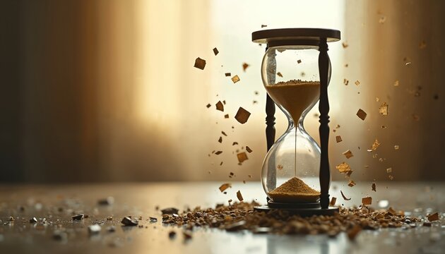 Broken hourglass leaks sand. Fragments fly off in air, symbolizing lost time, broken past, or urgency. Clock metaphor for deadline, passage, or end.