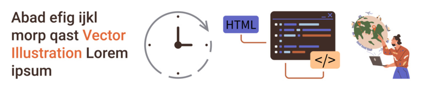 Web development, software creation, coding, productivity, project management, workflow. A clock, HTML code block and a programmer with a laptop. Web development and coding concept