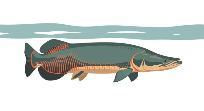 Ancient coelacanth fish swimming underwater in river stream isolated on white background