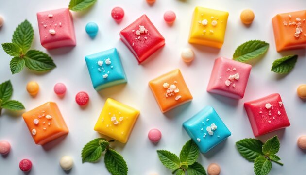 Colorful square candies with mint leaves scattered on white background. Assorted sweet chews in vibrant rainbow colors offer a refreshing flavor burst and a delightful sugar treat.