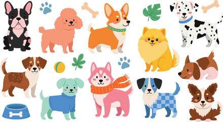 Obraz premium Cute Dog Breeds Collection with Accessories Featuring French Bulldog Poodle Corgi Dalmatian and Cartoon Puppies in Flat Style Vector Illustration for Pet Design.