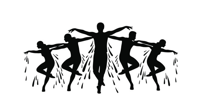 Dancers perform a synchronized routine with artistic splashes of liquid motion.