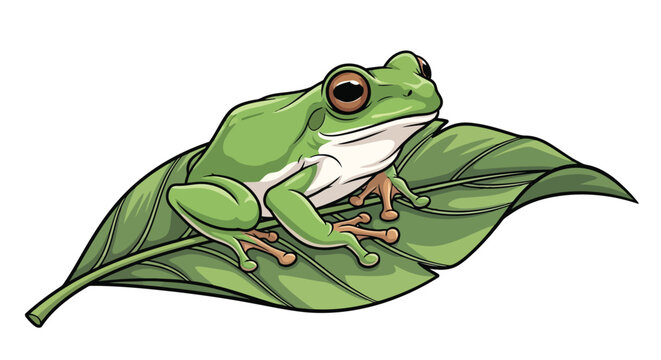 Green tree frog resting peacefully on a large tropical jungle leaf isolated on white background