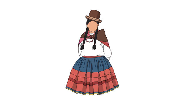 Faceless woman in traditional Andean clothing with bowler hat isolated on white background