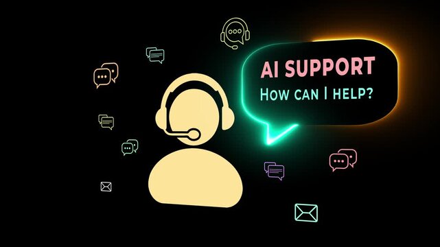 AI technology business support concept.  Virtual assistant chatbot,  smart customer service, automated online support, digital communication. Motion graphics of AI support with business growth. 