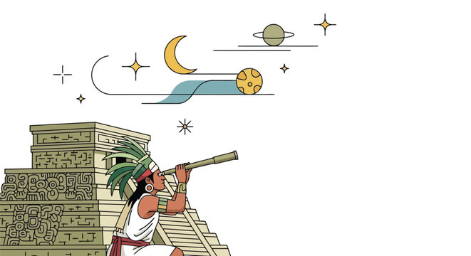 Ancient Mayan astronomer observing celestial bodies from temple rooftop isolated on white background