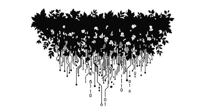 Nature and technology merge as organic foliage grows into digital circuit boards.