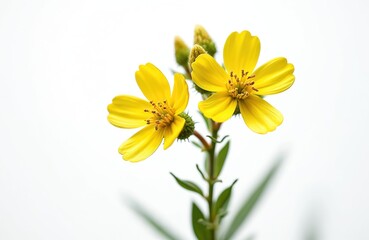 Obraz premium Two yellow St. John Wort flowers bloom against white backdrop. Small buds and green leaves accent stem. Macro detail shows vibrant petals and stamen.