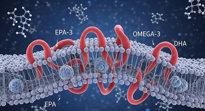 Omega 3 fatty acids EPA and DHA integrated into cell membrane with protein channel and molecular structures floating in background scientific illustration