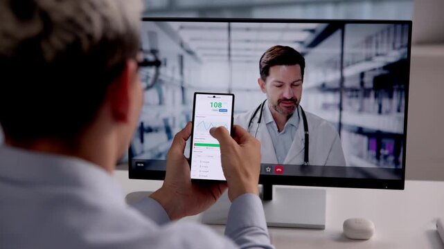 Man Checking Continuous Glucose Sensor During Telemedicine Video Call
